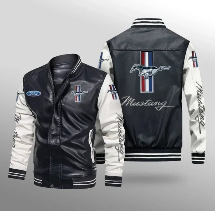 

Ford Mustang Logo Motorcycle PU Leather Jacket Men's Baseball Bomber Coat Unisex Men's Oversize Varsity Vintage