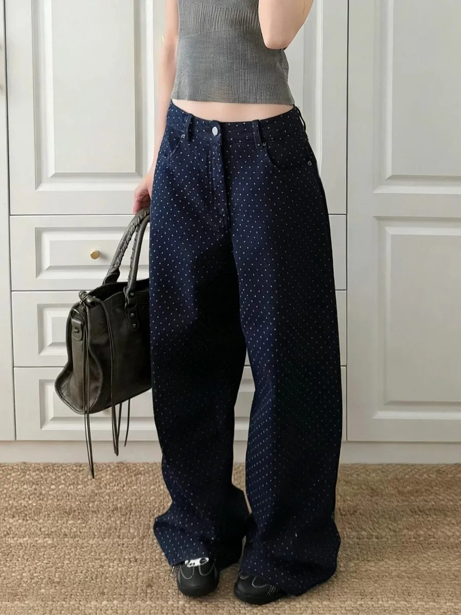 Polka Dot Wide Leg Jeans for Women Autumn New High Waist Curved Cut Denim Pants Retro Versatile Casual Floor Length Trousers