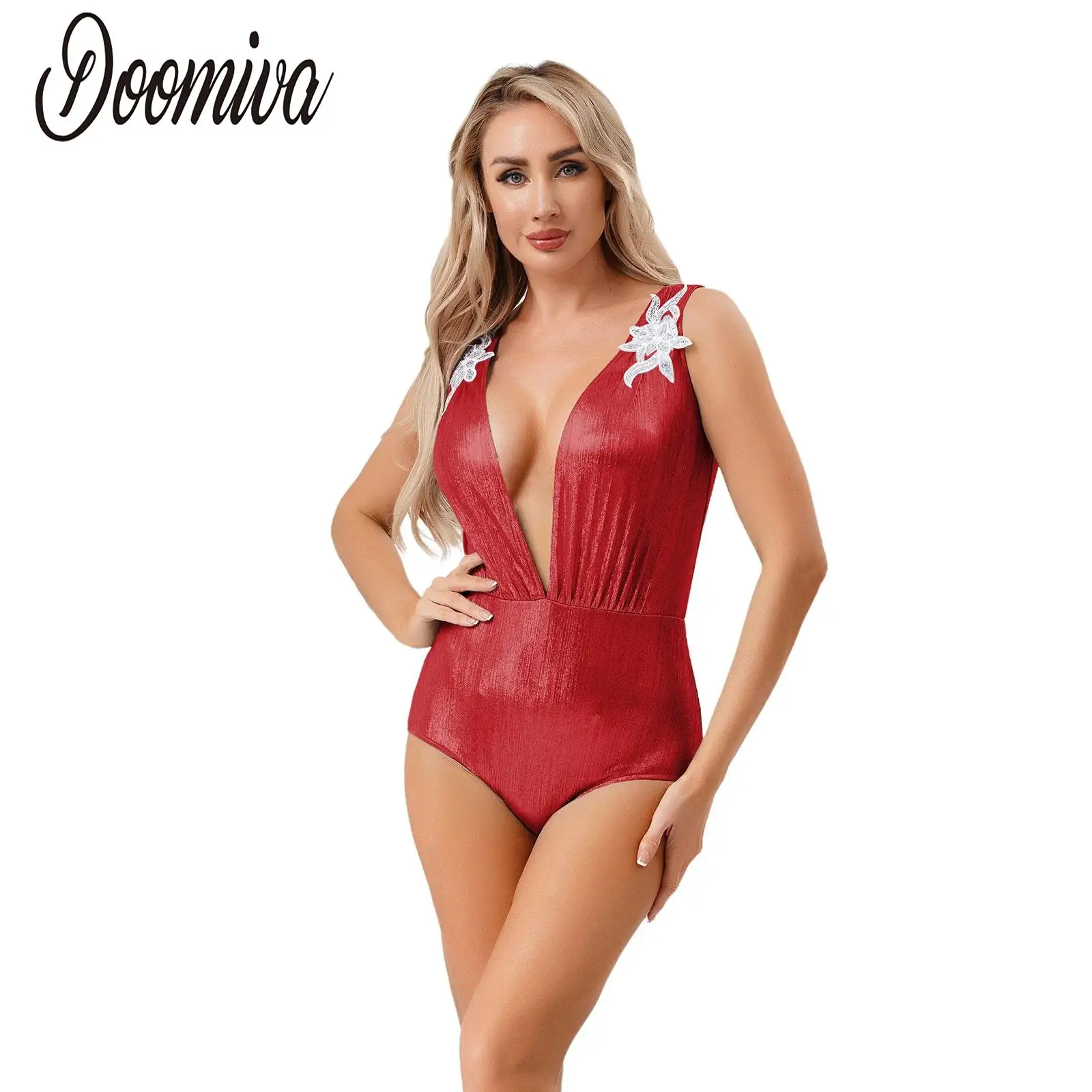 

Women Shiny Swimwear Bodysuit Clubwear Sequin Embroidery Deep V Neck Sleeveless Jumpsuit One Piece Swimsuit for Pool Party Beach