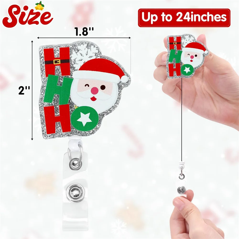 1pcs Christmas Acrylic Glitter Nurse Badge Reel Clip Holder Santa Claus Retractable Doctor ID Card Holder Xmas Decoration Gift