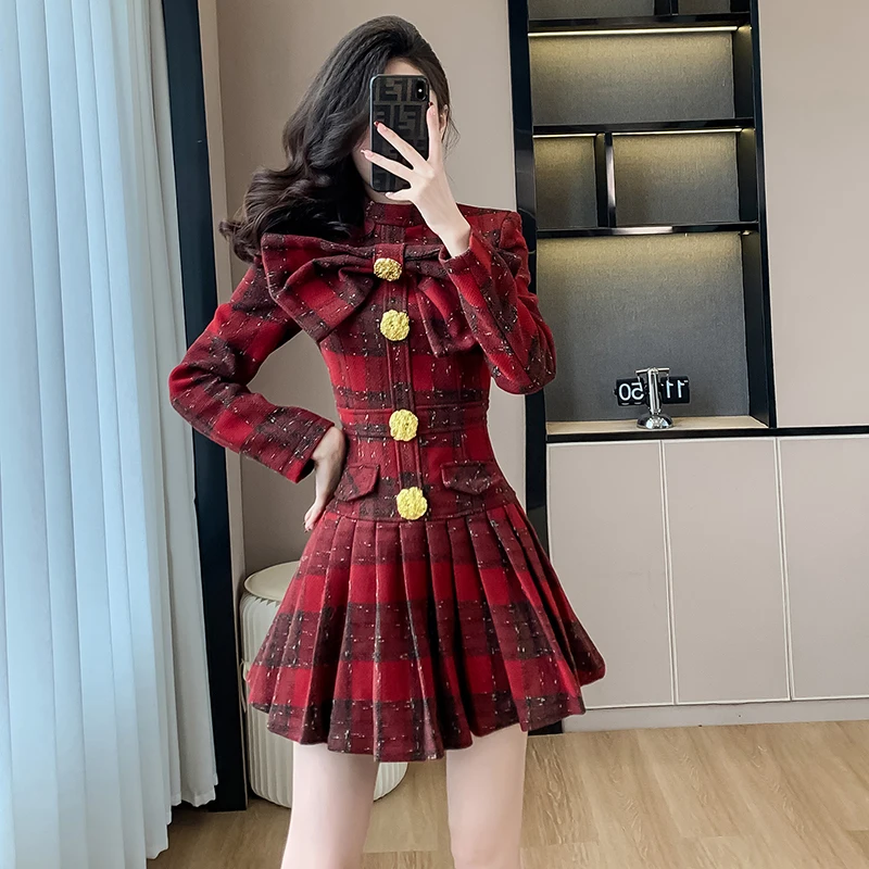 New Autumn Winter Plaid Wool Stand Collar Party Mini Dress Sweet Women Chic Big Bow Gold Buttons High Waist Slim Short Vestidos