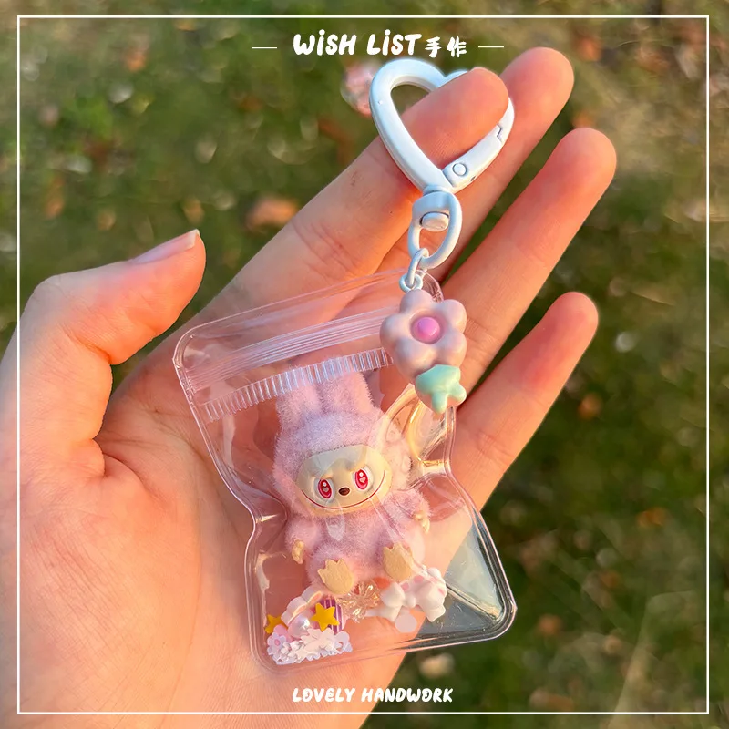 New Flocking Mini Labubu Vinyl Sprouting Exquisite Keychain Cute Bag Mobile Phone Doll Gift Pendant Accessories Kawaii Toys Gift