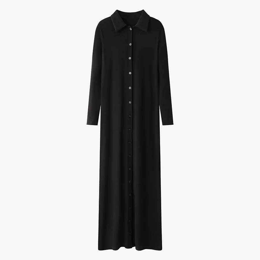 2024 Autumn Fashion Women Long Sleeve Knitted Dress Turn-down Collar Single Breasted Sweaters Female Commute Casual Long Skirt