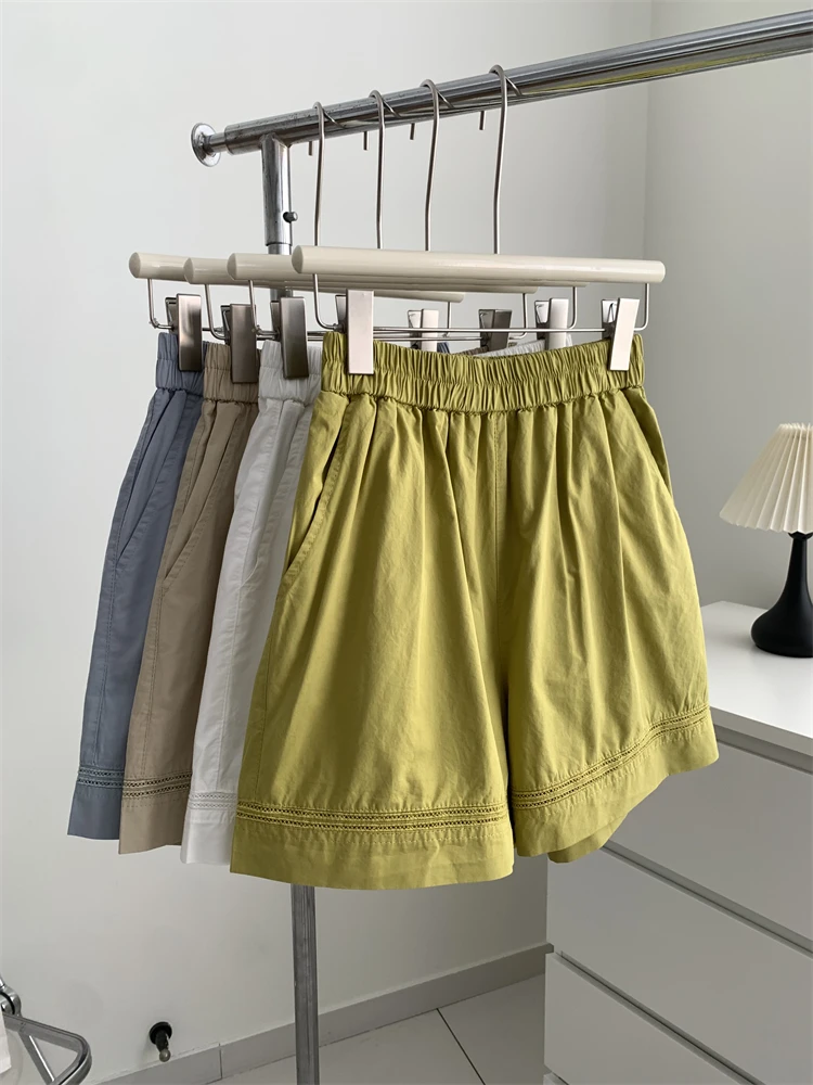 

Summer Thin Washed Cotton Hem Hollowed Out Splicing Wide Leg Shorts For Women's A-line Slimming Bottom