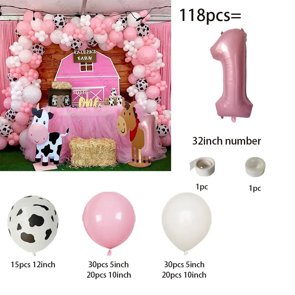 118pcs Pink Farm Party Decoration Balloon Garland Arch Kit Cow Animal Birthday Backdrop Latex Globos Baby Shower Kids Supplies