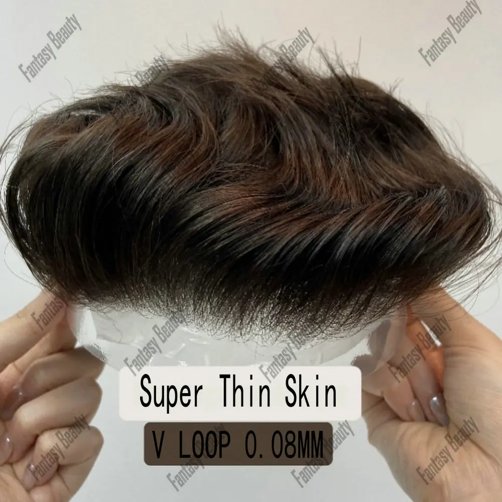 Natural Hairline V Loop0.06-0.08mm Thin Skin PU Men's Toupee Human Hair Blonde Brown Durable Toupets Capillary Prosthesis System