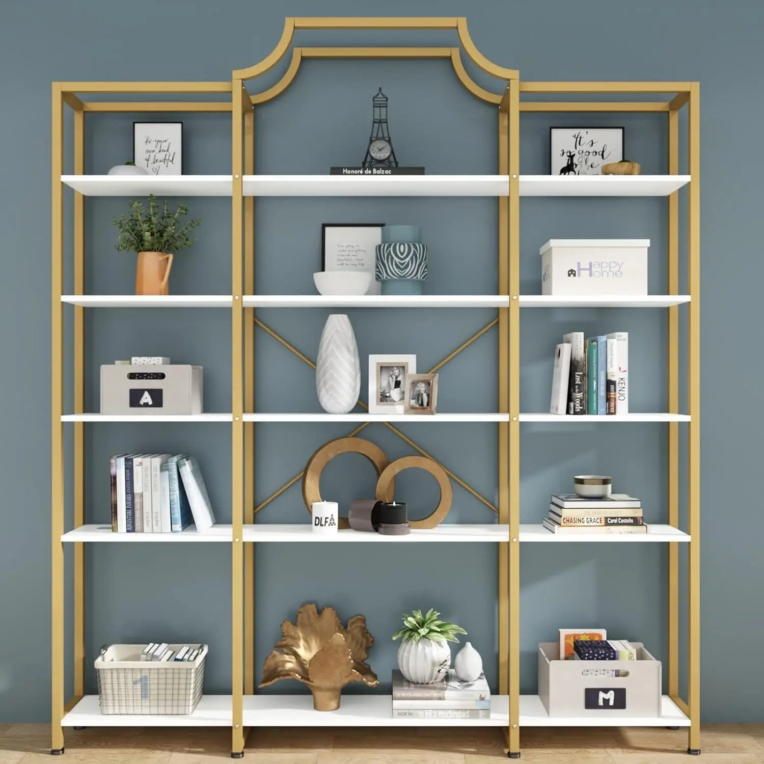 Extra Wide 5-Tier Bookshelf 70.87in Large Gold Bookcase Metal Frame Tall Display Storage for Home Office, Customized