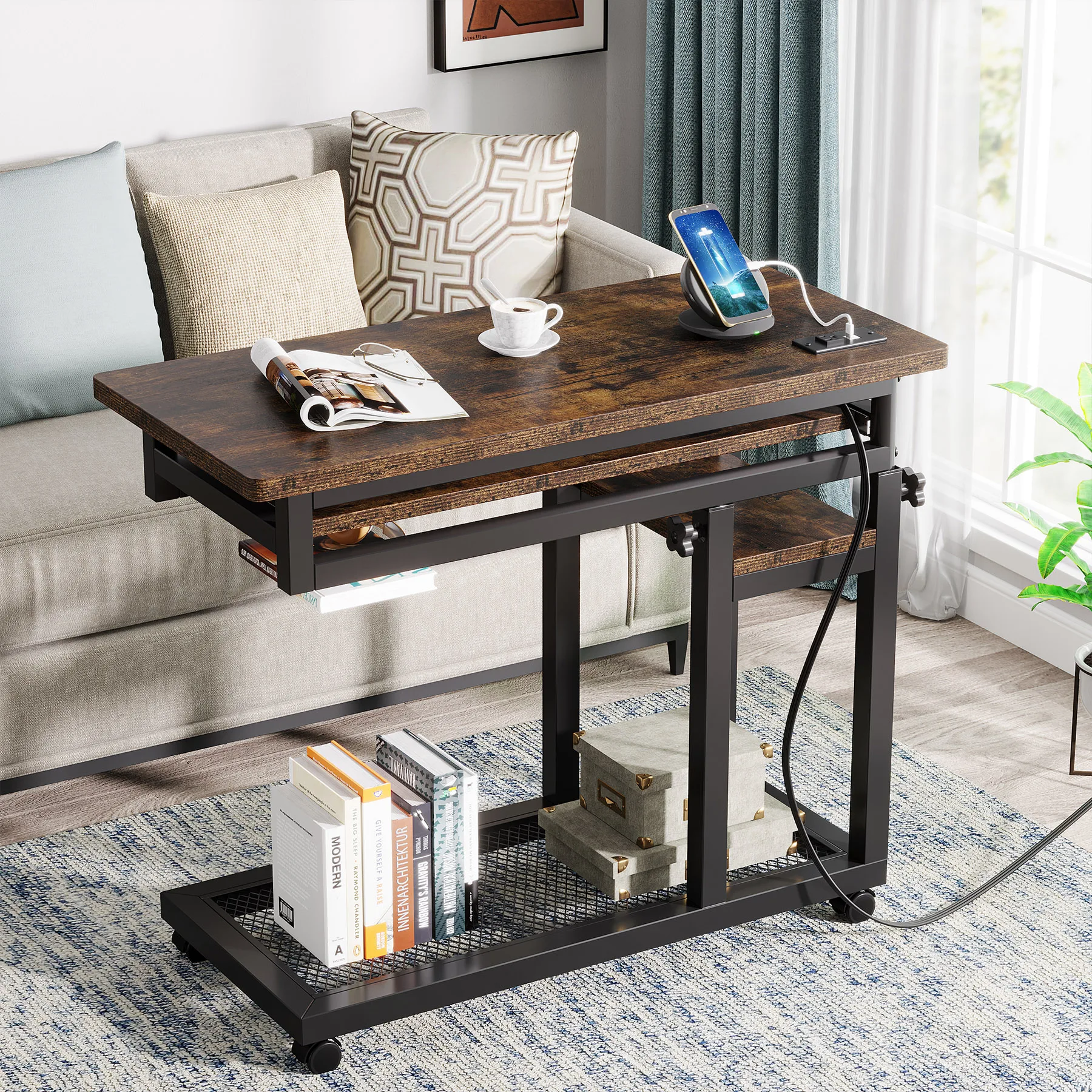 Small Portable Desk with Power Outlet, Height Adjustable Sofa Couch Bedside Laptop Table with Wheels