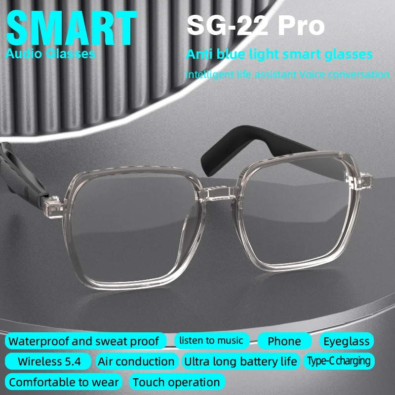 

SG22 Smart Glasses, Blue Light Blocking, Fashion Transparent Frame, 8-Hour Music Playback, Unisex Daily Wear 80+80mAh Bettary