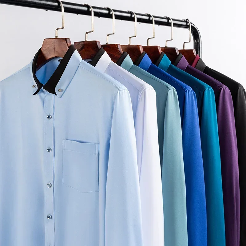 

Men Shirts Long Sleeve Spring Autumn Casual Solid Color Male Pocket Turn-down Collar Tops Slim Fit Men Formal Business Shirts