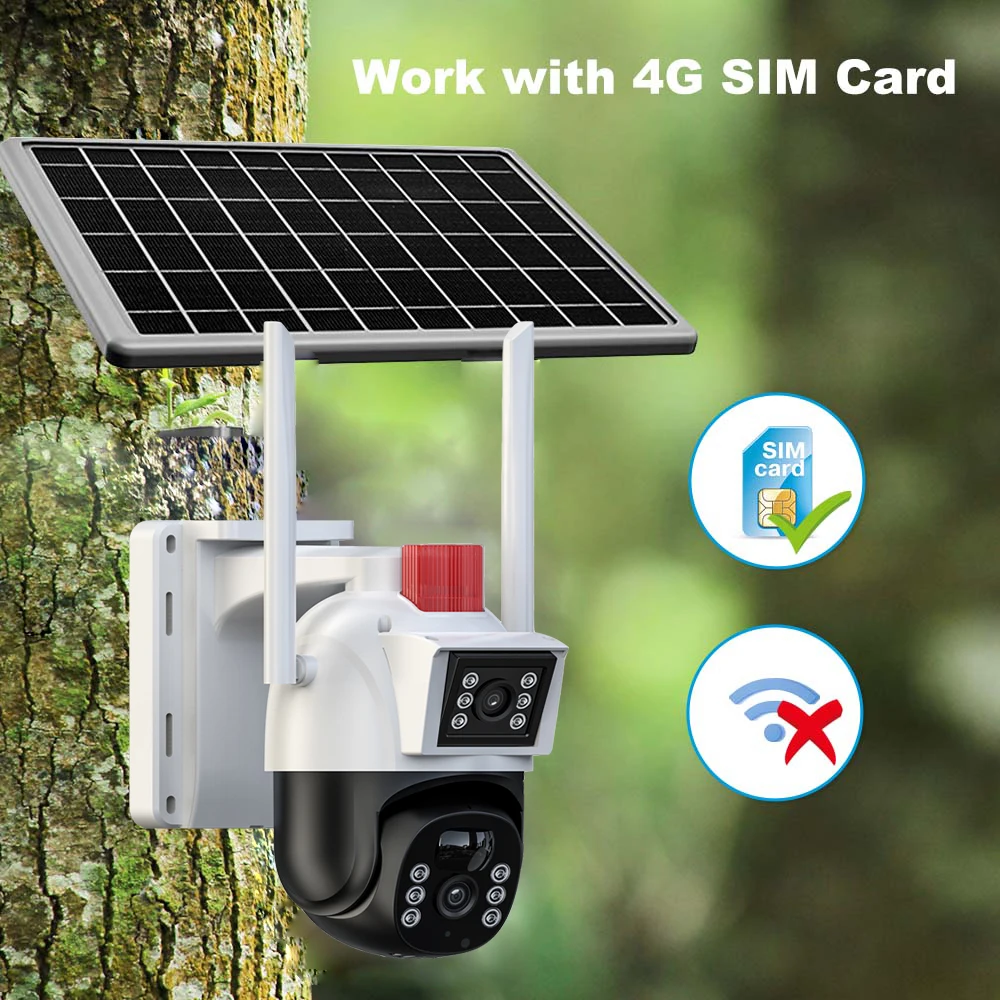 4MP 4G Solar Ptz Camera PIR Human Detection  Dual Lens PTZ Wireless Camera 24 Hours Recording bluetooth