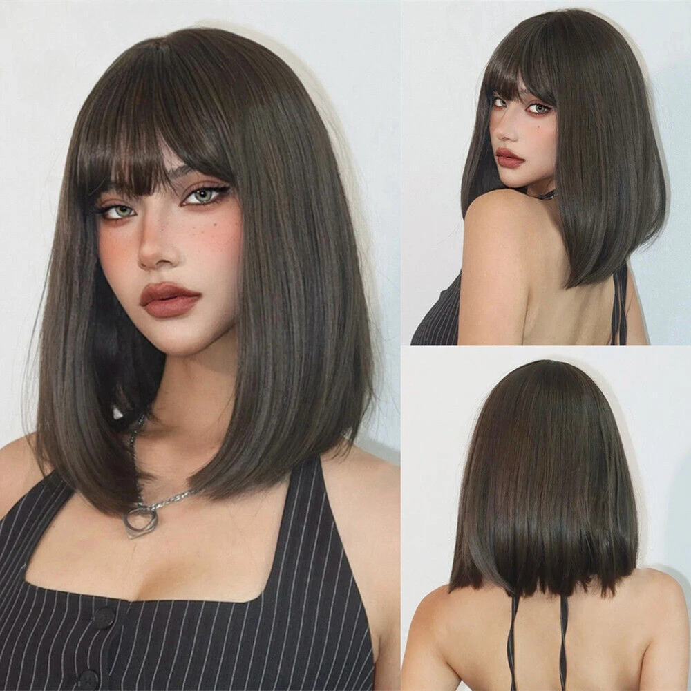 

Brown Wigs with Bangs Shoulder Length Natural for Women Synthetic