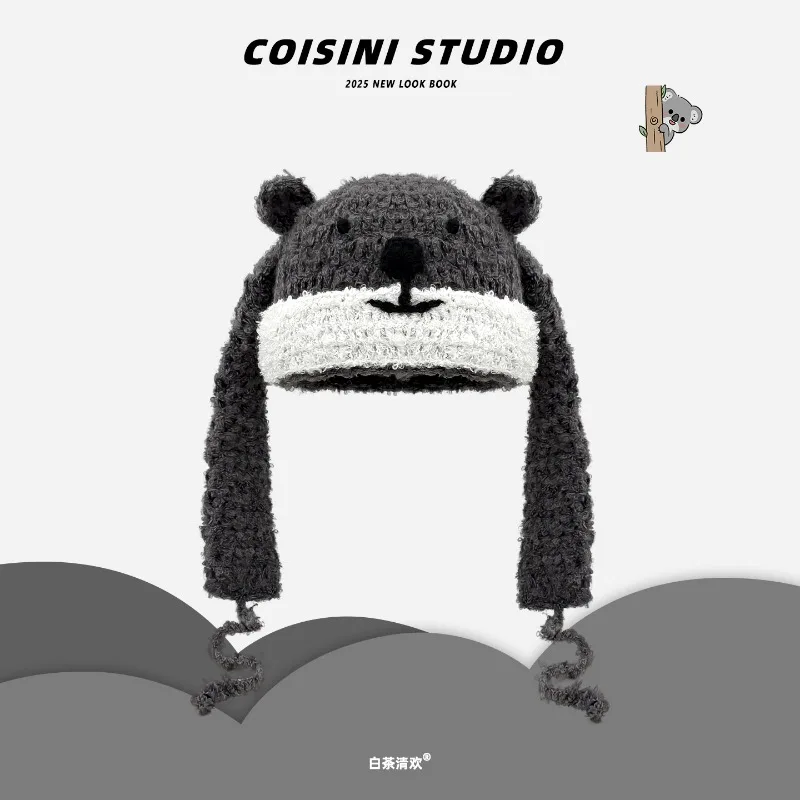 bonito-dos-desenhos-animados-coala-orelhas-de-pelucia-chapeu-de-malha-masculino-e-feminino-outono-e-inverno-moda-quente-protetores-de-orelha-rendas-ate-cranio-gorro-bones