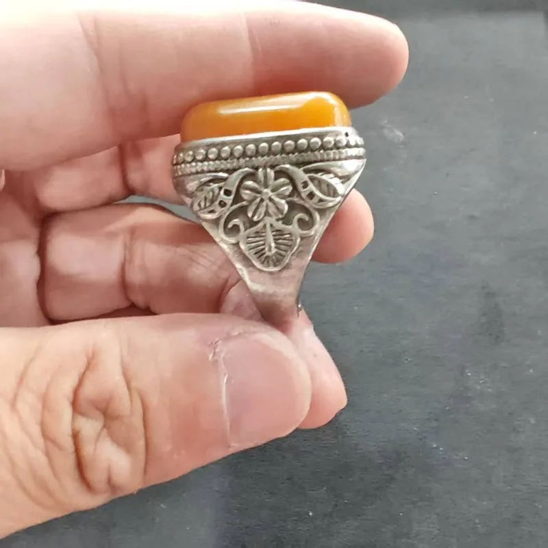 Vintage Boho Square Orange Cabochon Ring Unisex Antique Carved Side Frame Metal Band Tribal Large Statement Finger Decor Jewelry