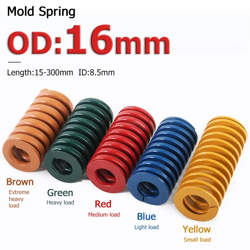 OD 16mm ID 8.4/8.5/8.6/8.7mm Compression Spring Loading Die Mold Spring Length 15-300mm Yellow/Blue/Red/Green/Brown 1-10pcs