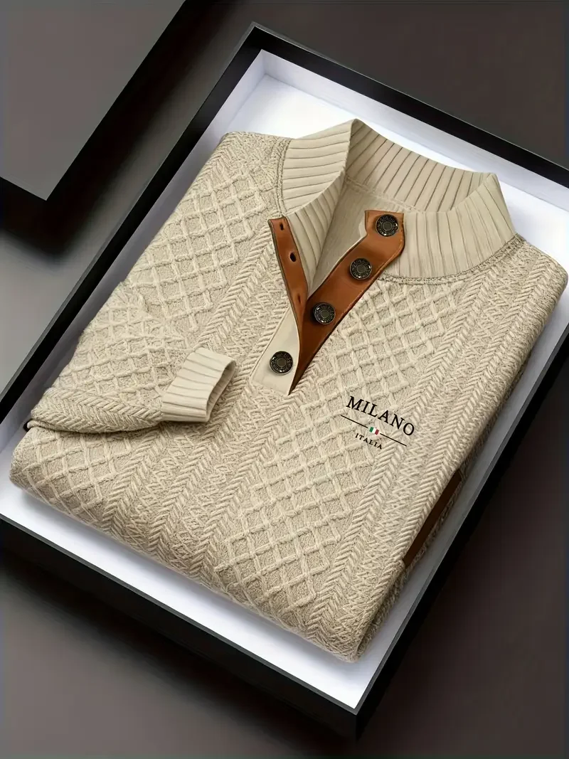 Men's Autumn Winter Stand Collar Knitted Sweater Casual Mature Fashionable All-over Patterned Crew Neck Pullover