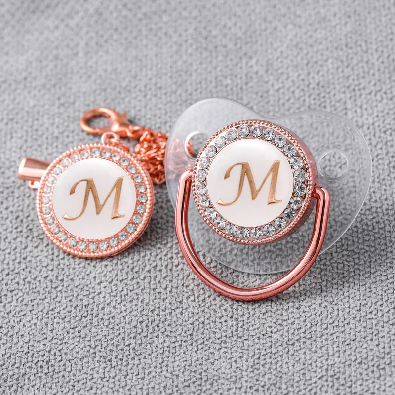 

Baby Personalized Pacifier Clips Clear Rose Gold Letter Bling Newborn Luxury Pacifiers Holder Silicone Infant Nipple Teethers