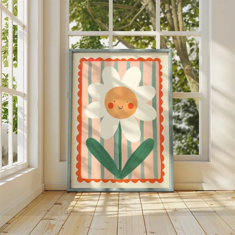 Cute Sunshine Smiley Flower Illustration Poster Nursery Art Kids Room Kindergarten Early Learning Canvas Painting Wall Art
