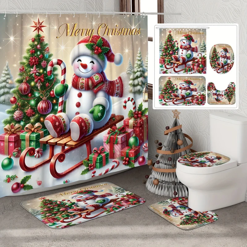 [Open] 1/4pcs Merry Christmas Winter Set Snowman Tree Candy Cane Cute Funny Red Green Shower Curtain Polyester Wa