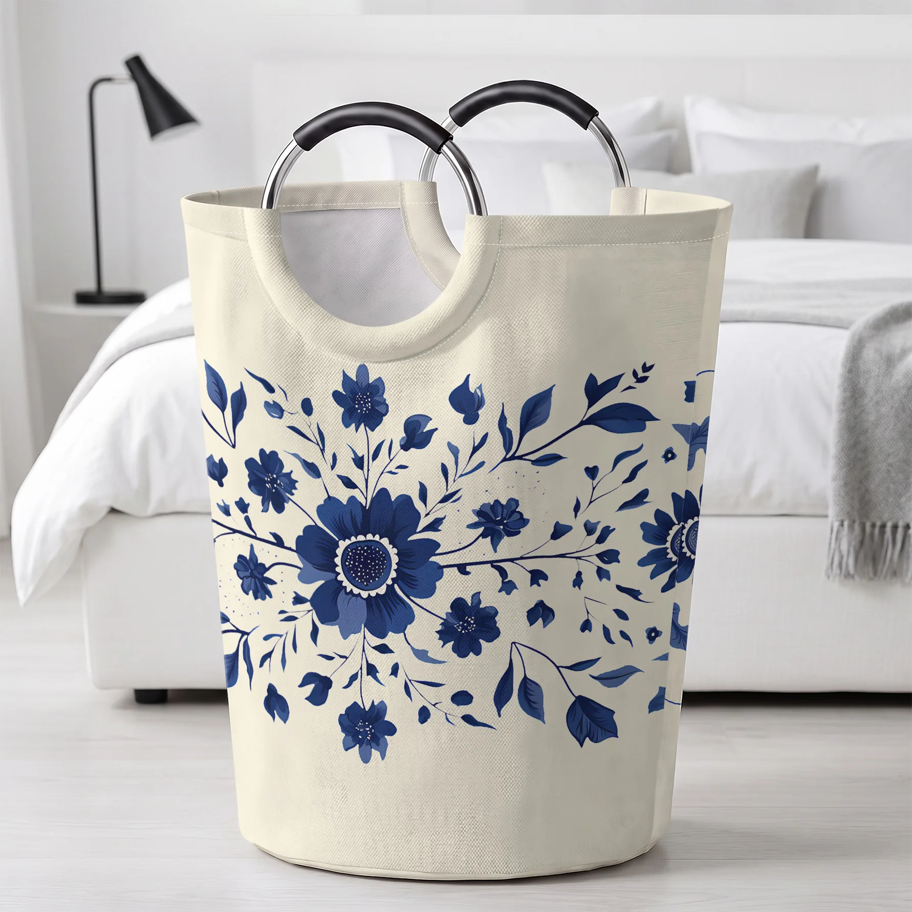 Blue Floral Porcelain Style All‑Over Print Handheld Storage Basket, For Laundry, Bedroom & Home Sundries Storage
