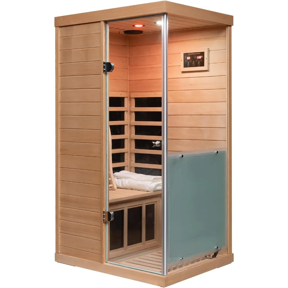 Hemlock Deluxe Mini Indoor Sauna 1 Person, Far Infrared Sauna at Home, Wooden Dry Sauna 1060w with 6 Far Infrared Heating Plate