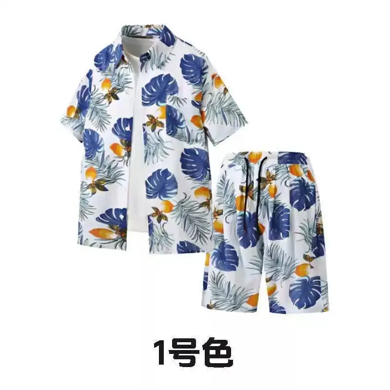 New Summer Fashion Trendy Printed Beach Short Sleeve Shirt Set Men's Casual Loose Sports Breathable Plus Size Two-Piece Set