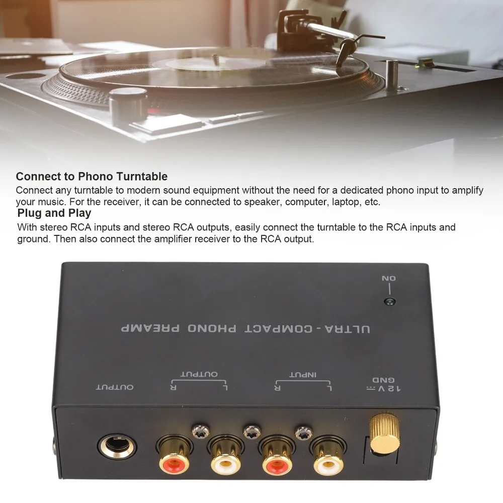 

Supports RCA Input, RCA and 6.35mm Output PP400 Phono Turntable Preamp Low Noise Portable Phono Preamplifier for US Plug