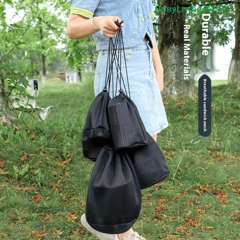 Portable Picnic Cookware Mesh Bag Outdoor Camping Storage Protective Bags Drawstring Pocket BBQ Water Cups Tableware Organizer