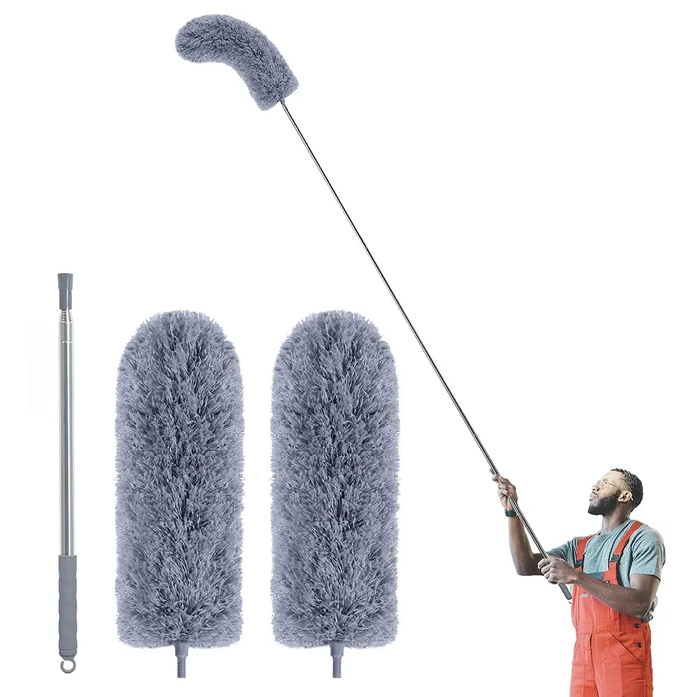 

Duster with Extension Pole for Cleaning (2 Microfiber Heads Kit), 100\ Long Feather Duster for High Ceilings with Washable He