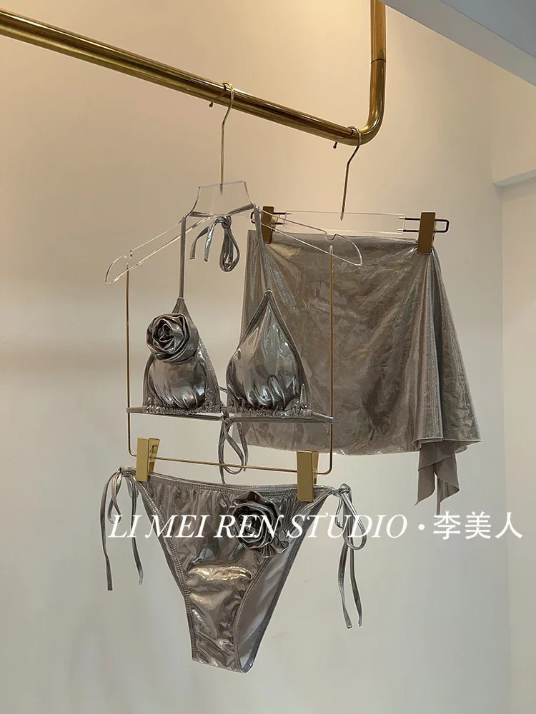 New European and American sexy hot girl silver shiny flower bikini swimsuit three piece set