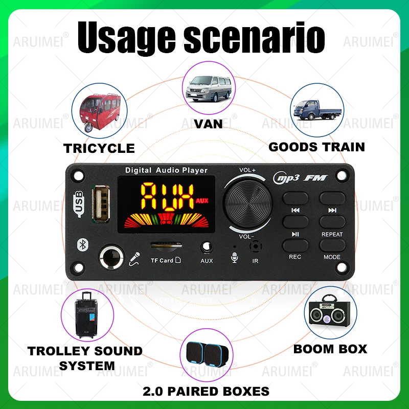 لوحة فك تشفير 12 فولت بلوتوث 5.0 MP3/WAV/FLAC تيار مستمر 12 فولت - نظام صوتي للسيارة Hi-Fi مع USB/TF/FM وتسجيل المكالمات