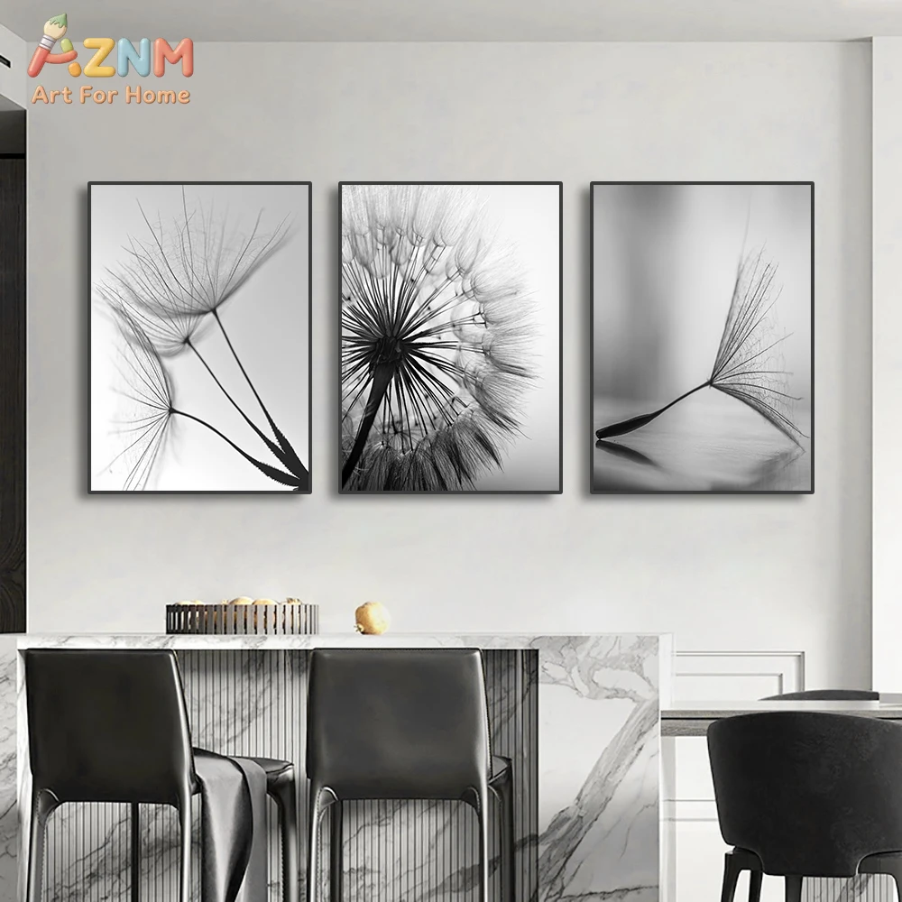 3pcsAZNM Black White Minimalist Dandelion Seed Nature Canvas Wall Art, Modern Abstract Botanical Plant Poster, High Contrast Sim