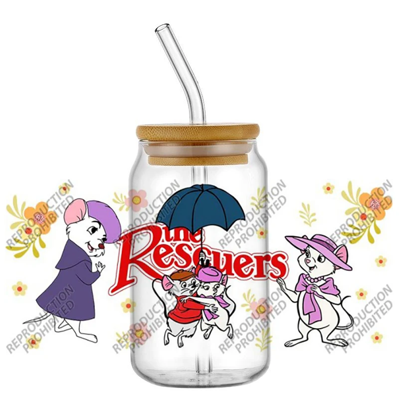 Nuevos 20 diseños populares de dibujos animados Los Rescatadores Bernard, pegatinas 3D de transferencia UV DTF de 16 oz para vasos de vidrio, manualidades creativas DIY