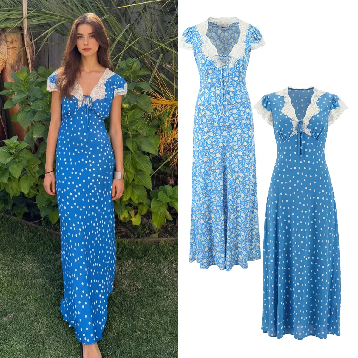 

Womens Dress 2026 Spring Summer European and American Fashion Casual Lace Bow Tie Printed Dress Style Daily Wear