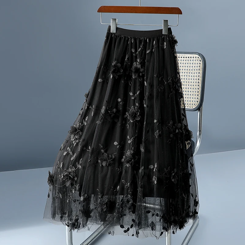 2025 printemps été femmes taille haute mince jupe longue décontractée taille haute broderie douce 3D fleurs maille Tulle jupe Streetwear