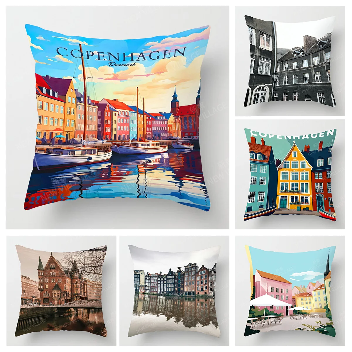 

Four Seasons Universal Short Plush Pillow Case Living Room Bedroom Landscape Illustration Architectural Pattern Cushion Cover