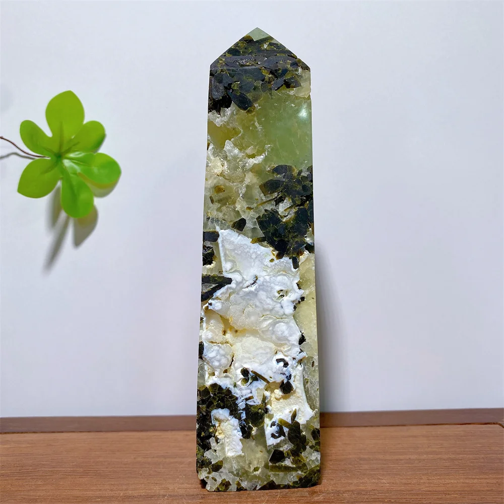 Natural Prehnite Quartz Rutilated Tower Raw Point Home Decor Green Quartz Crystal Stone Obelisk Wand FengShui Gift Healing Stone