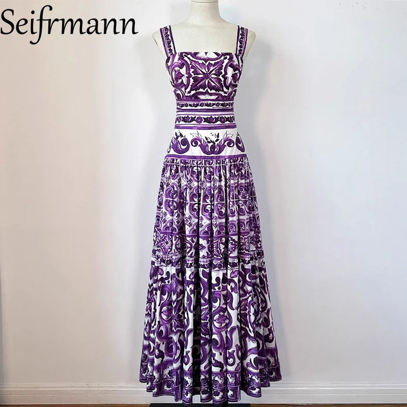 Seifrmann – costume de soirée élégant pour femmes, Sexy, bretelles Spaghetti, dos nu, hauts Slim + jupe plissée décontractée, ensemble deux pièces en coton imprimé