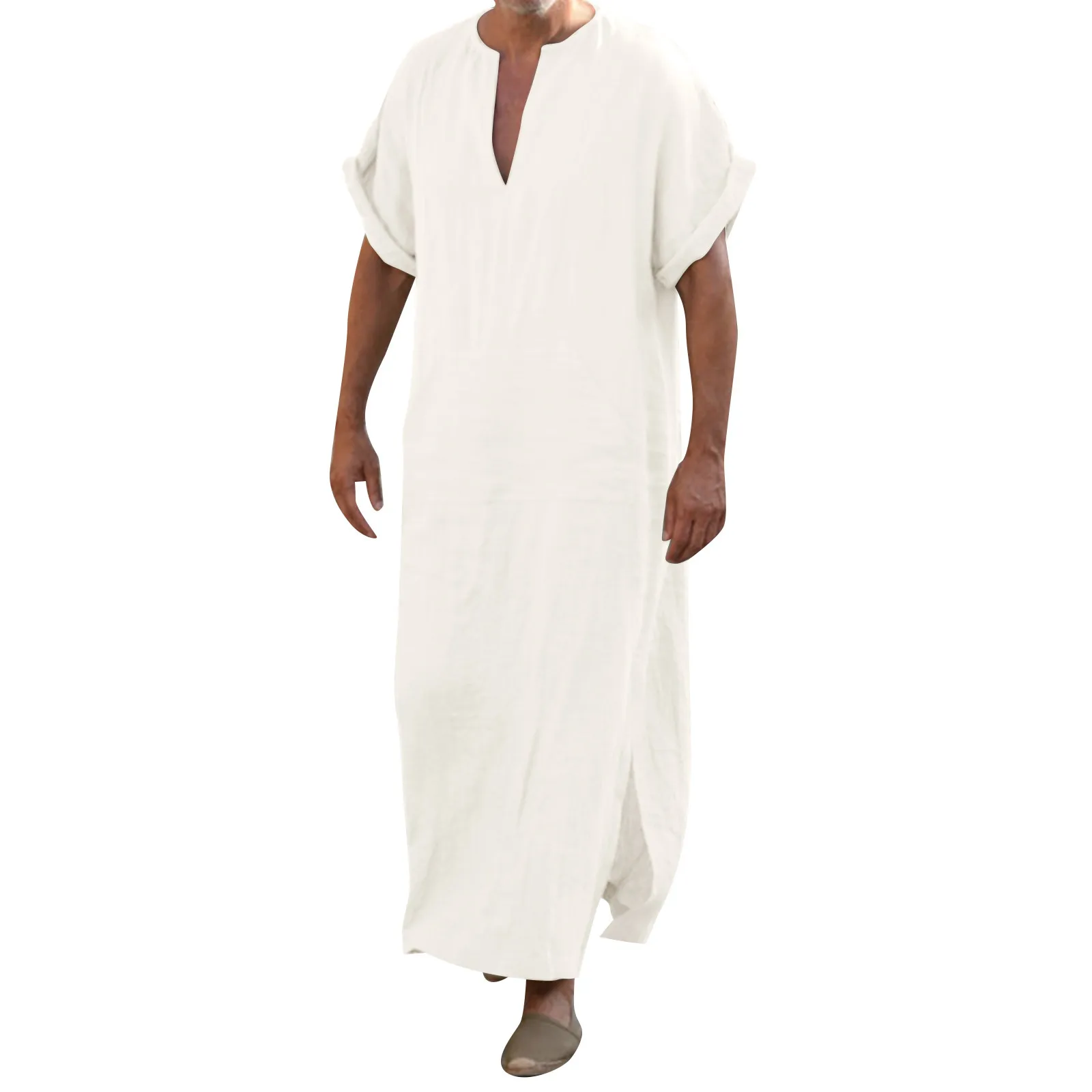 Men\'s Muslim Style New Mens Robe Simple Solid All-match Small V-neck Linen Jubba Thobe Comfortable Short Sleeve Robe