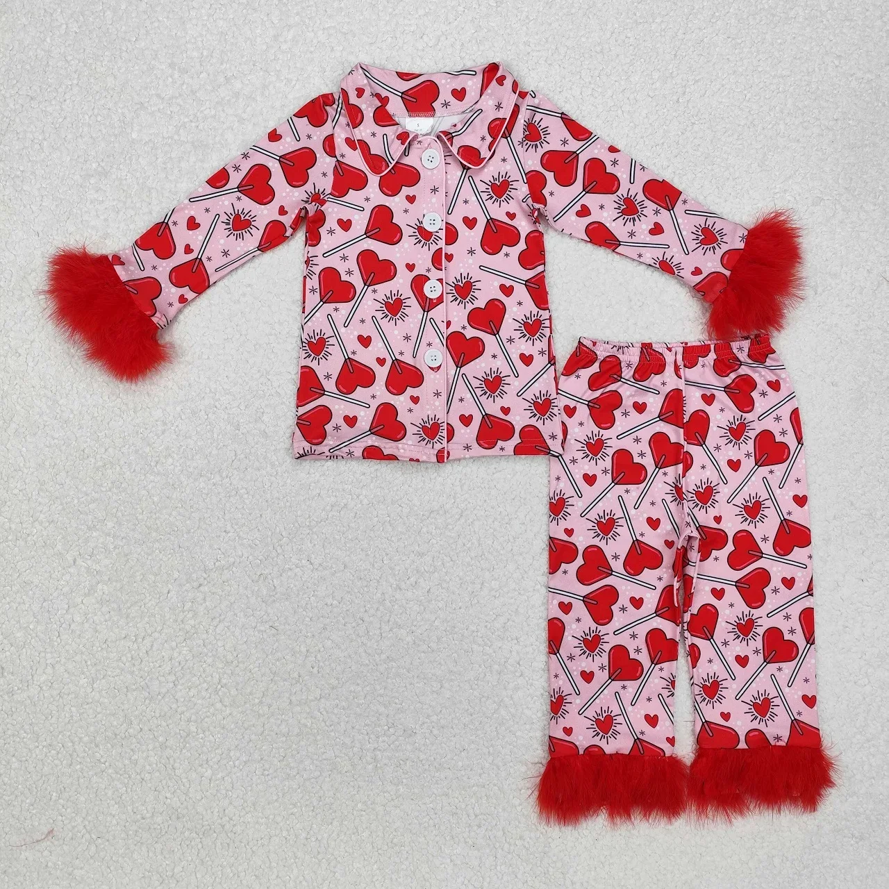 Wholesale Children Kids Toddler Outfit Baby Girl Pajamas Set Sleepwear Fur Long Sleeves Valentine's Hearts Buttons Shirt Pants