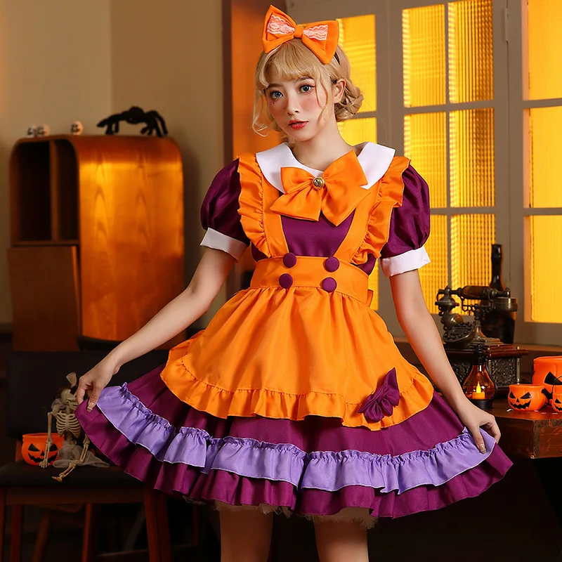 

Halloween Orange Purple Maid Costume Bell Butterfly Japanese Maid Festival Performance Costume Party Dress