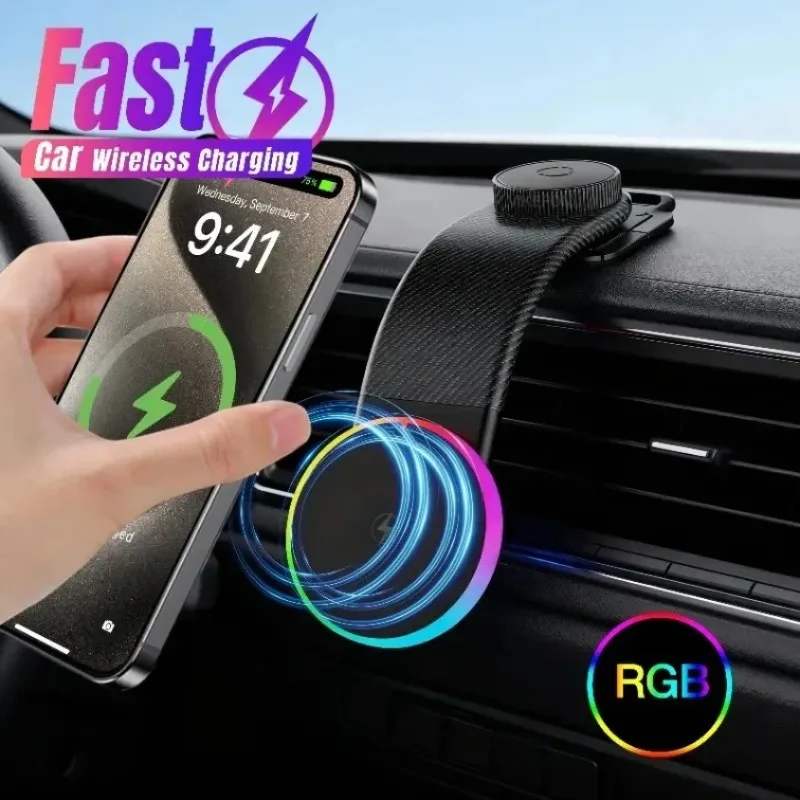 

Беспроводное зарядное устройство 15 Вт, станция быстрой зарядки, автомобильный магнитный держатель для телефона на приборной панели, самоклеящаяся подставка для iPhone 17, Samsung Xiaomi