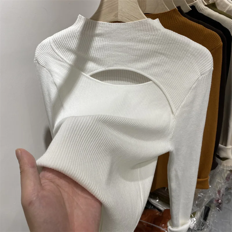 

Новый женский вязаный свитер с высоким воротом, черный, с длинным рукавом, пуловер, топ, Q3357