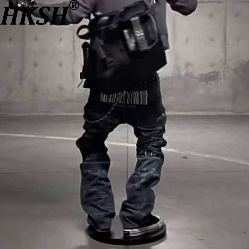 HKSH  Spring Autumn New Men's Tide Chic Ins Punk Dark Light High Street Subculture Print 3D Textured Slim Straight Jeans HK27314