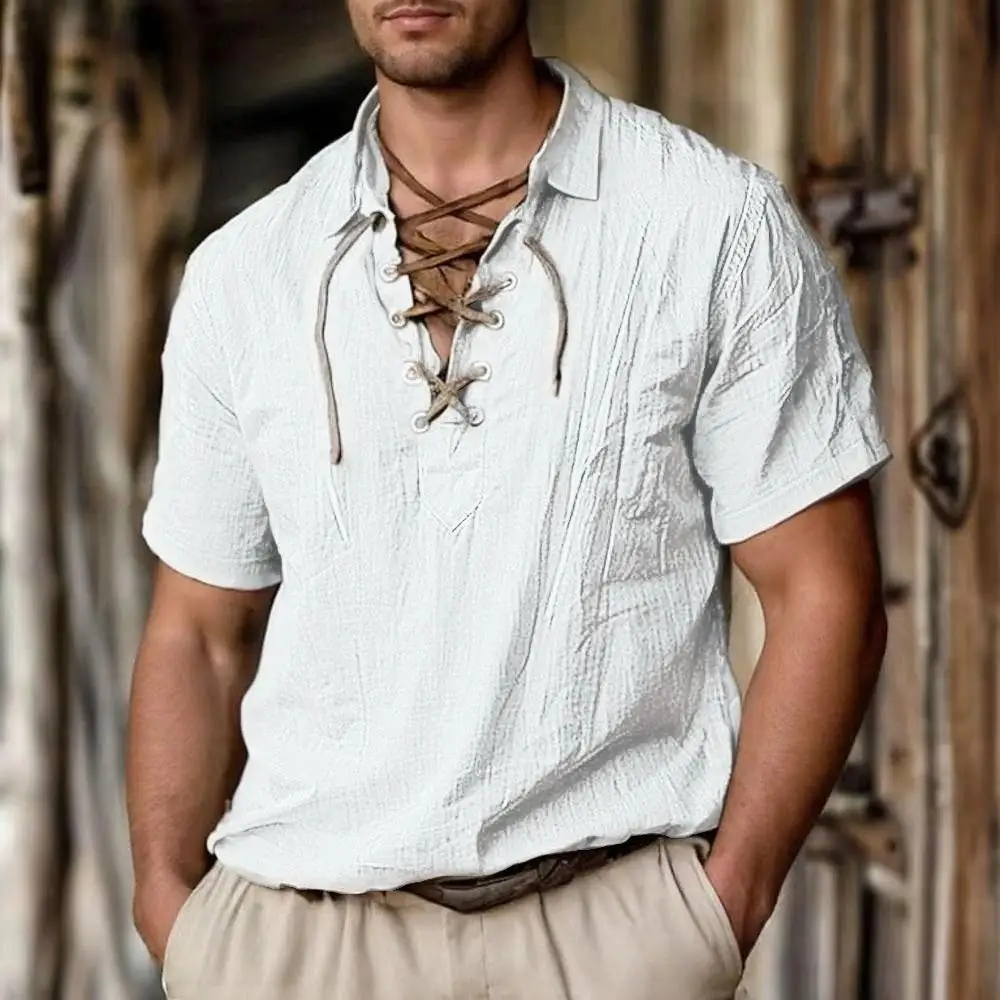 

Men's 100% Linen Short Sleeved Lace Up Neck Casual Summer Shirts
