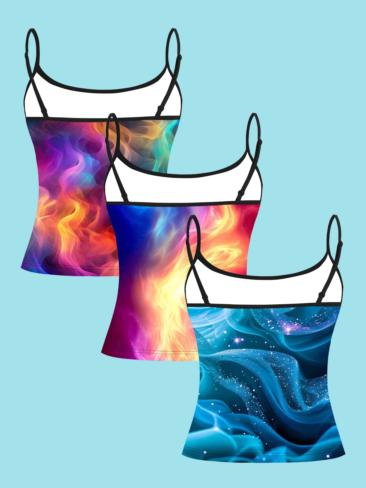 3-Pack Women's Nebula Smoke Flow Print Camisole Cyber Style Colorful Nebula Fluid Starlight Slim-Fit Spaghetti Strap Sleeveless Base Top
