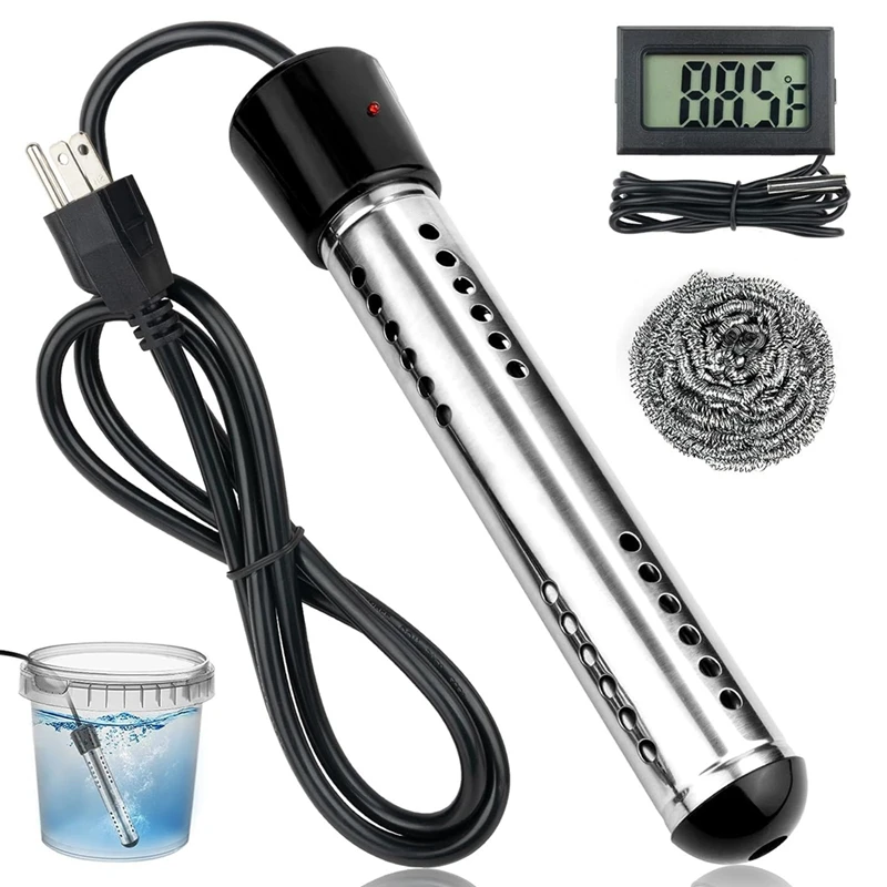 US Plug,Immersion Water Heater, 1500W Bucket Heater, Electric Submersible Water Heater With LCD Thermometer Easy To Use Black