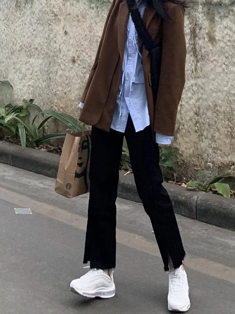 High Waist Fleece Lined Straight Leg Jeans Women's plus Size Spring Autumn Winter Loose Slimming Nine Point Split Ankle Jeans