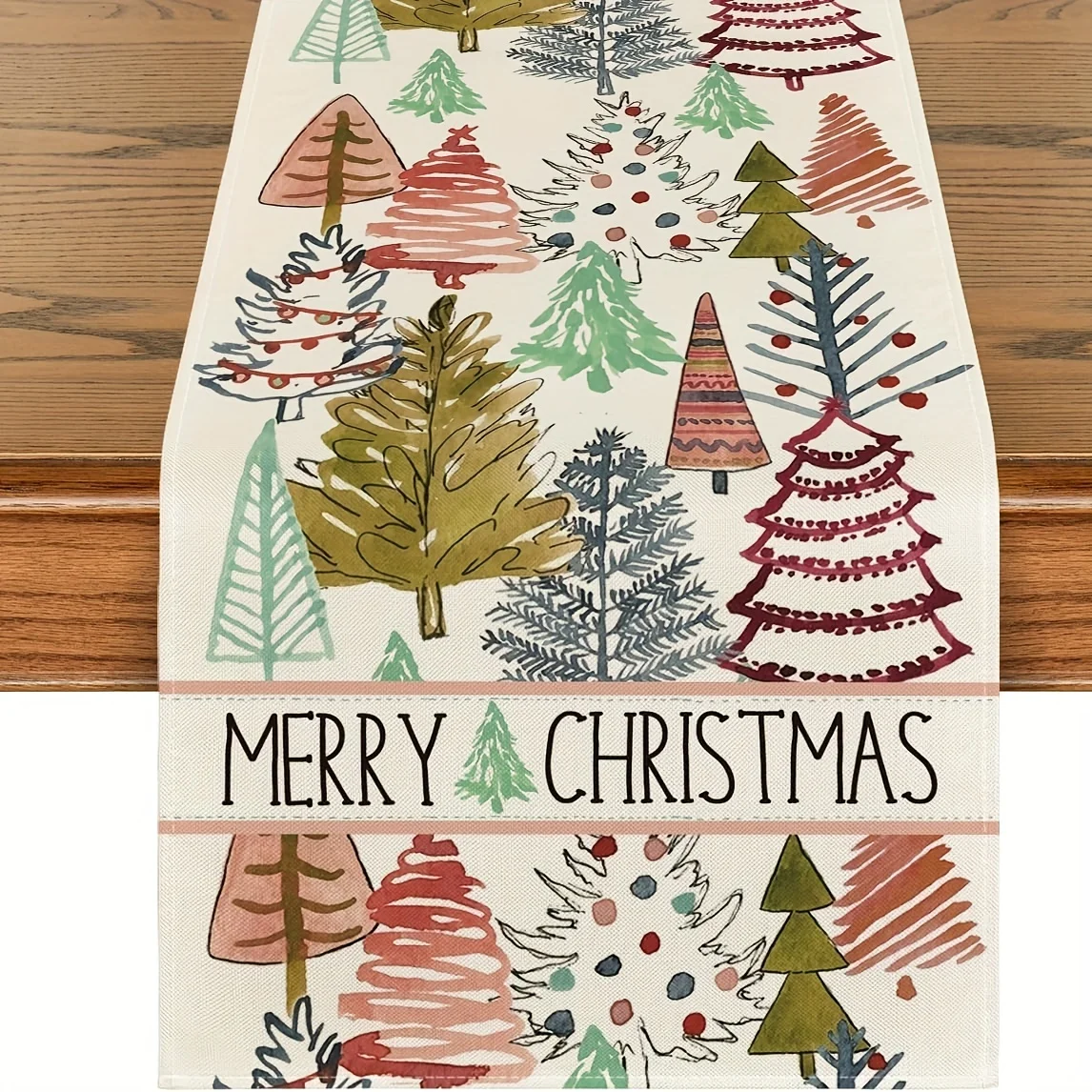 1 Piece of Hand-Painted Christmas-Themed Table Runner, Light Background Painted with Colorful Christmas Trees, 