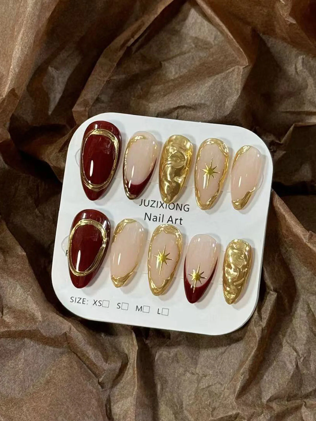 10 قطع من المسامير النقية المصنوعة يدويًا على شكل لوز أحمر عميق بحافة فرنسية ذهبية غير منتظمة على شكل خط ثلاثي الأبعاد على شكل نجمة، ex #3